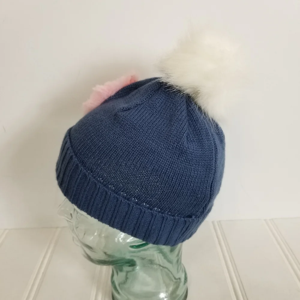 Emma & Elsa Girls Unicorn Beanie 4-6X Pom Pom Faux Fur Cozy Winter Knit Hat Blue